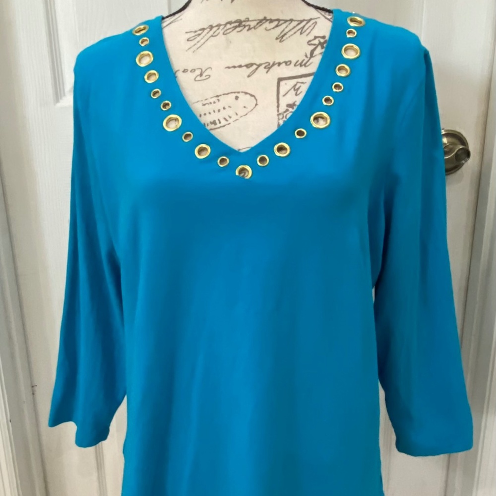 Susan Graver,  3/4 sleeve, teal blue top. Size L